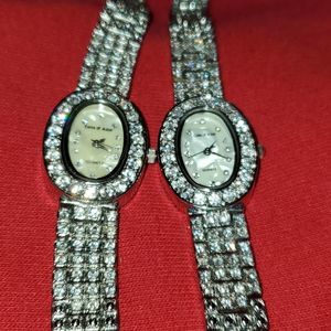 2 Cote d' Azur Crystal Covered‎ Watches Wristwatches Silver Band & Case